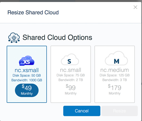 Resizing shared cloud hosting options: