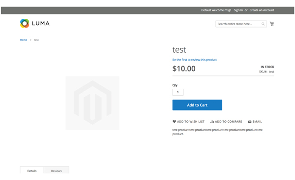 Sample test product page using Luma theme for Magento 2.2.4 on Nexcess cloud hosting account.