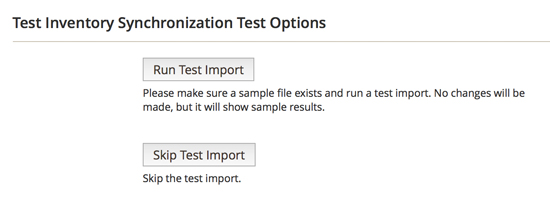 Test Inventory Synchronization Test Options - Run Test Import