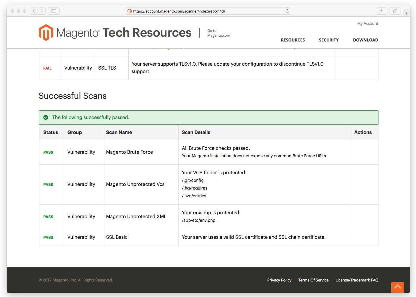 An example of the Magento Security Scan Tool showing which tests have passed