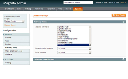 Choosing Currency and Payment Methods in Magento - Click for Larger Screenshot