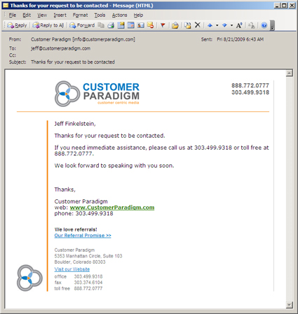customer paradigm confirmation email