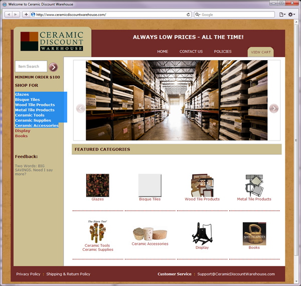 Website for Ceramic Discount Warehouse - ship for Glazes, Bisque tiles, Wood Tile produces, ceramic supplies and accessories