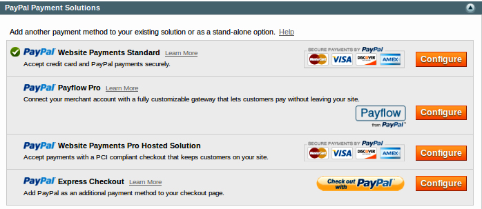 Magento Admin Community 1.7.0.2 Screenshot - PayPal Payment Solutions Options
