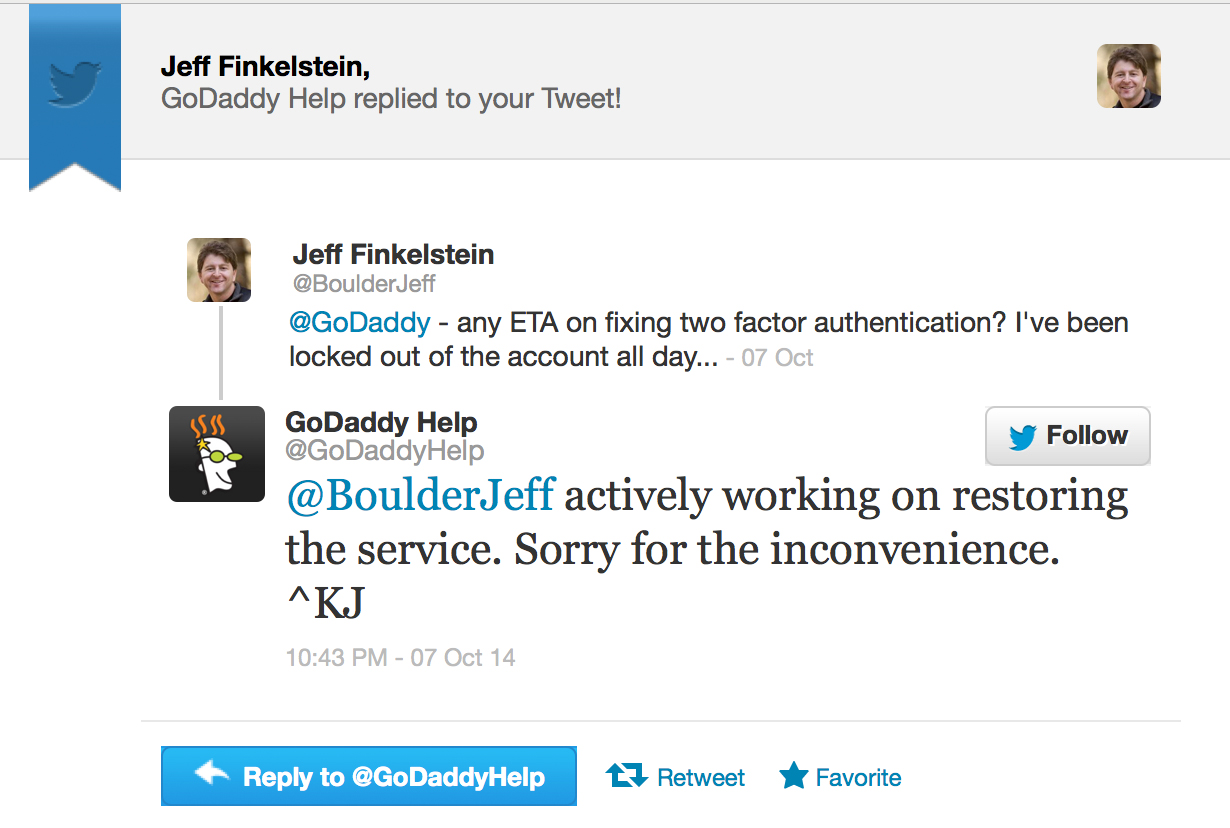 Godaddy's Support Tweeted About Outage