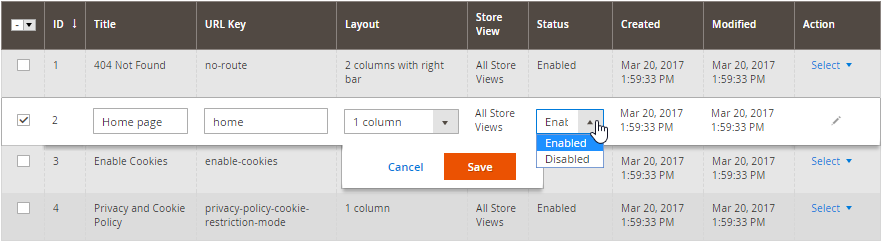 Magento 2 Pages Management Table Edits
