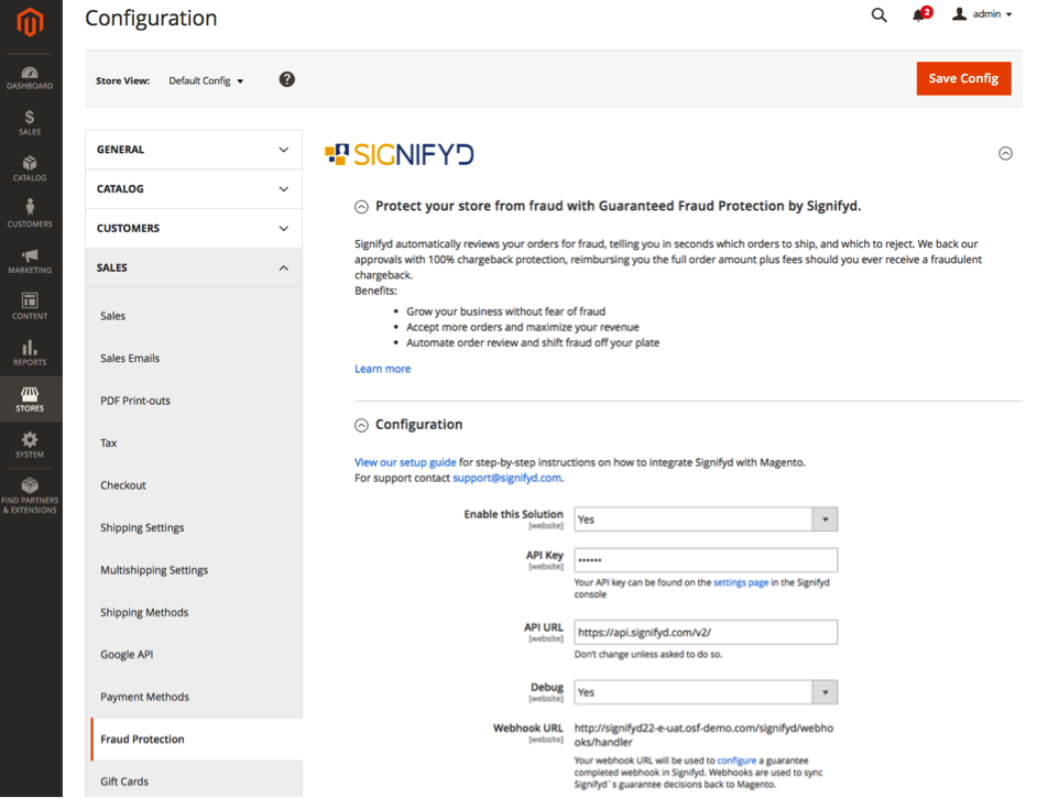 The scree in Magento 2 backend where you can configure the security module Signifyd