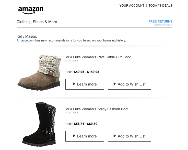 Amazon regularly uses personalization in their emails