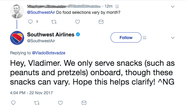 Customer support over the Southwest Twitter account