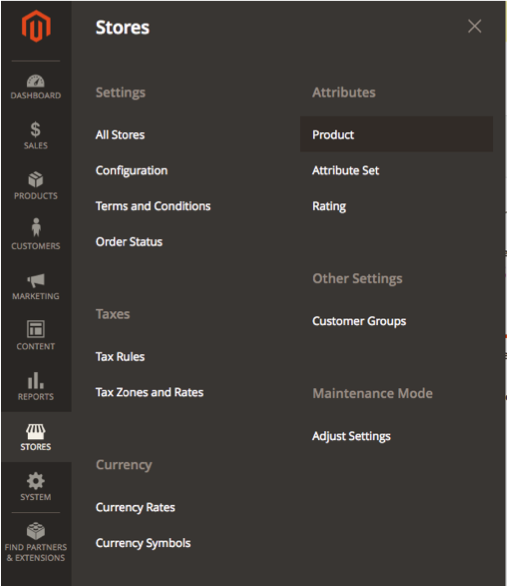 Magento backend menu that leads to the product attributes page
