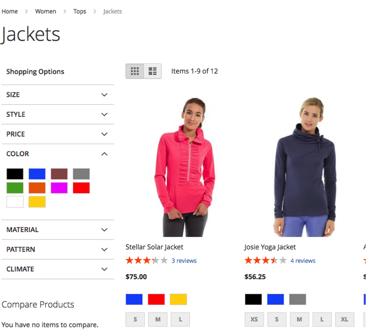 Example of what color swatches look like in Magento 2 layered navigation