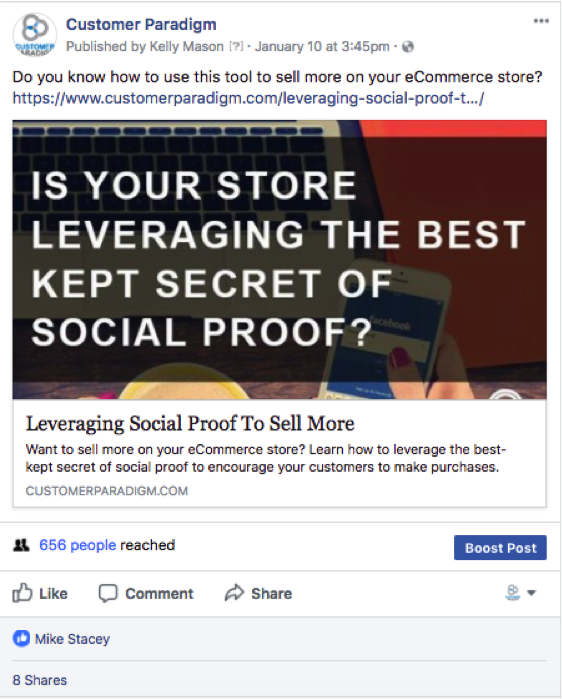 Example of a facebook post that uses an image and a link