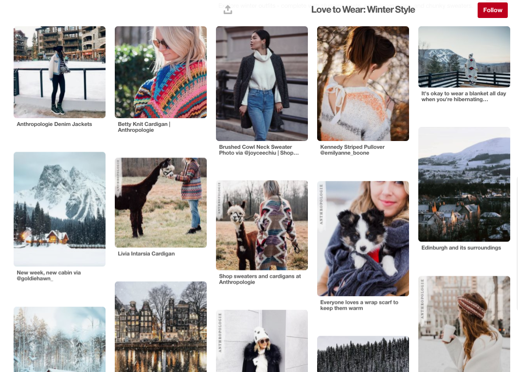 A mix of clothing and winter location photos on a Pinterest board