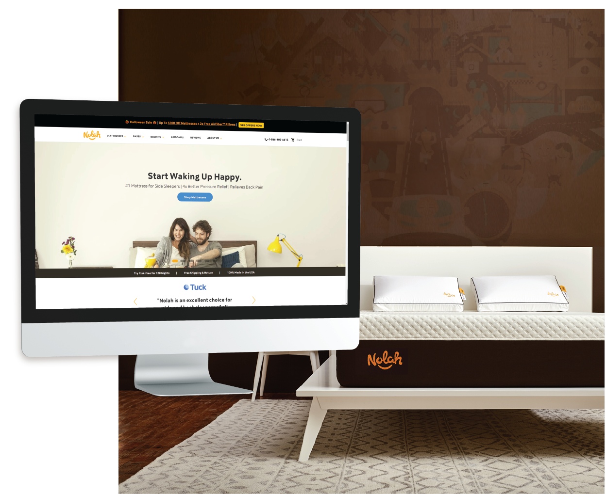 image of Nolah Mattress website on desktop over image of mattress background